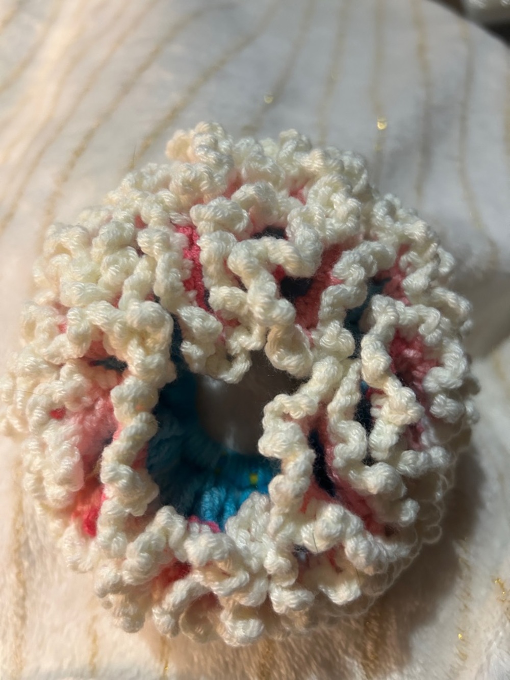 Hand Crafted Multi-Color Crochet Ruffled Hair Scrunchie - Blue, Pink, Cream - Picture 2 of 3